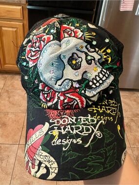 VTG Ed Hardy Black Embroidered Skull & Roses Baseball Cap by Don Ed Hardy